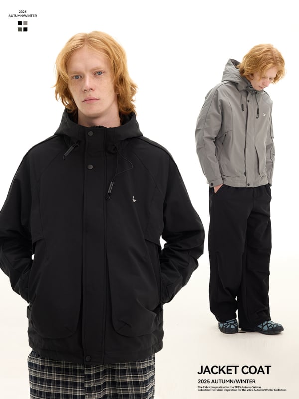 Jachetă căptușită din bumbac, cu glugă, croială lejeră, fermoar, umplutură poliester (polyester filler)