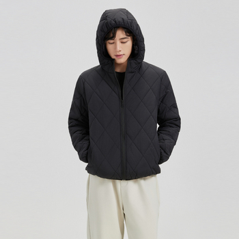 Geacă căptușită din bumbac cu glugă, model diamant, croială scurtă, fermoar, umplutură din bumbac sintetico-mătaseos