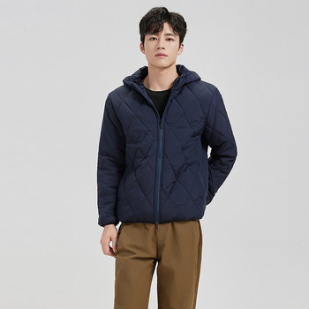 Geacă căptușită din bumbac cu glugă, model diamant, croială scurtă, fermoar, umplutură din bumbac sintetico-mătaseos