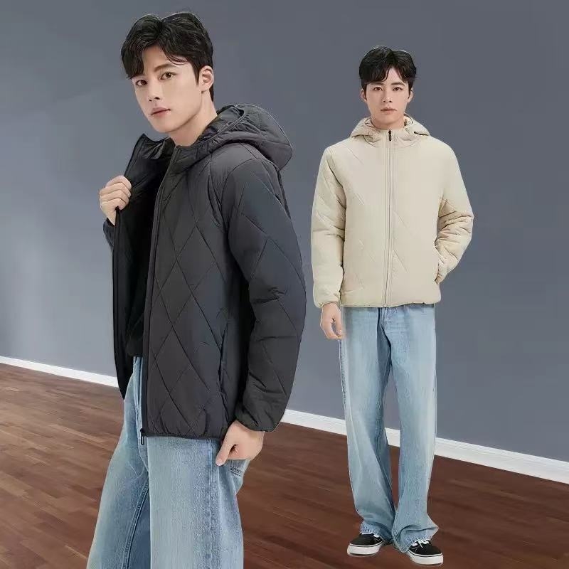 Geacă căptușită din bumbac cu glugă, model diamant, croială scurtă, fermoar, umplutură din bumbac sintetico-mătaseos