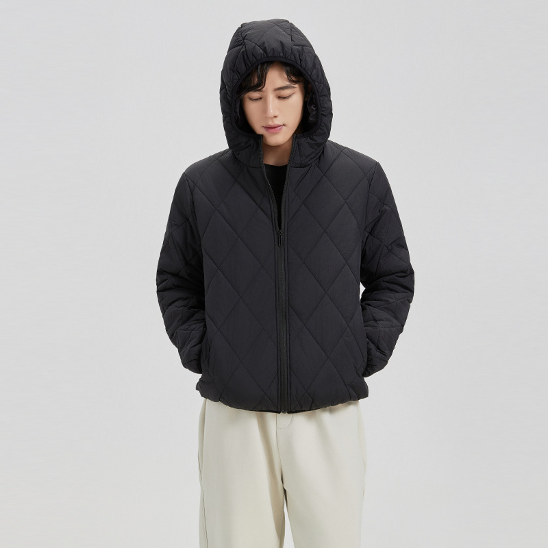 Geacă căptușită din bumbac cu glugă, model diamant, croială scurtă, fermoar, umplutură din bumbac sintetico-mătaseos