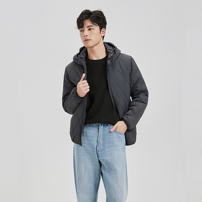 Geacă căptușită din bumbac cu glugă, model diamant, croială scurtă, fermoar, umplutură din bumbac sintetico-mătaseos