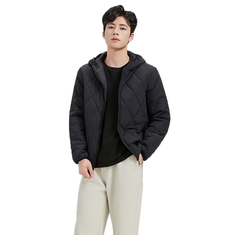 Geacă căptușită din bumbac cu glugă, model diamant, croială scurtă, fermoar, umplutură din bumbac sintetico-mătaseos