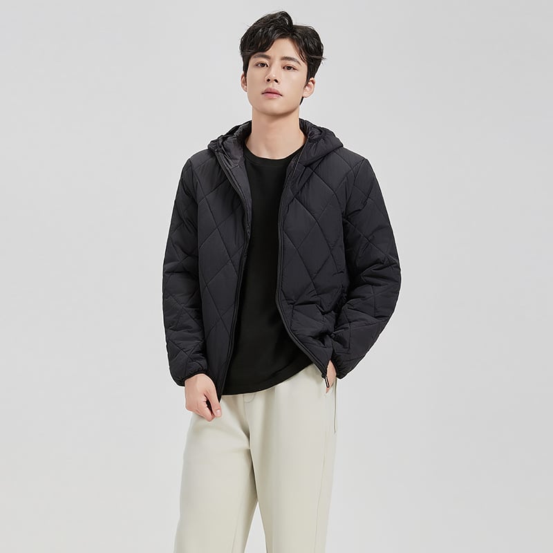 Geacă căptușită din bumbac cu glugă, model diamant, croială scurtă, fermoar, umplutură din bumbac sintetico-mătaseos