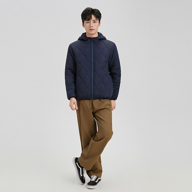 Geacă căptușită din bumbac cu glugă, model diamant, croială scurtă, fermoar, umplutură din bumbac sintetico-mătaseos