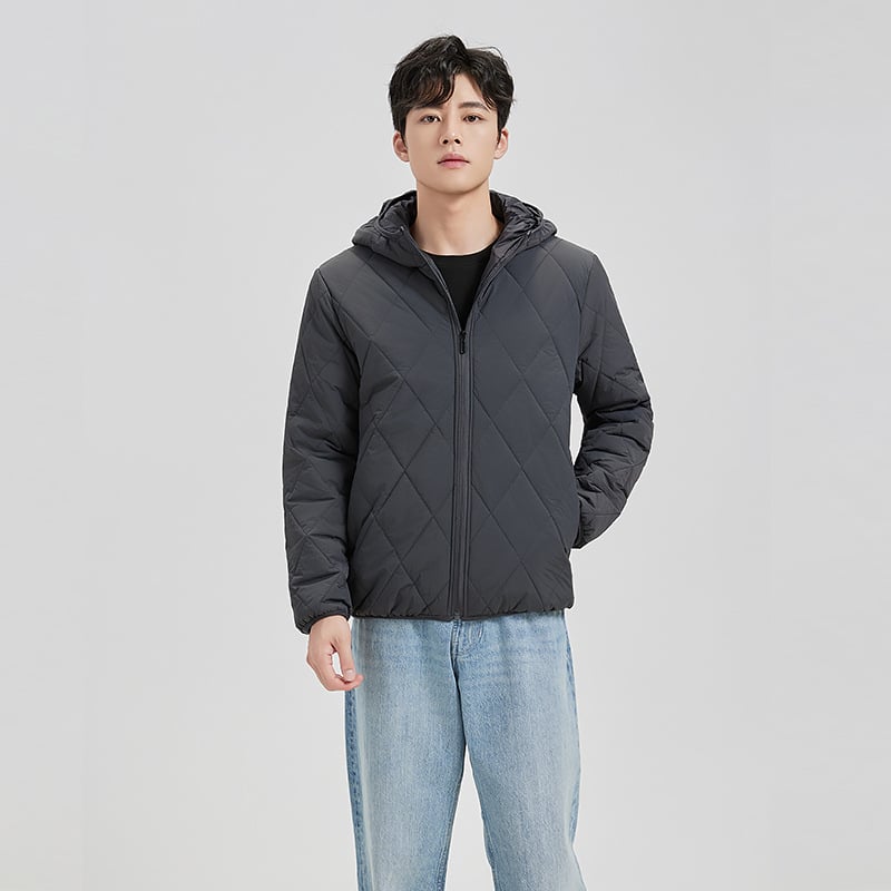 Geacă căptușită din bumbac cu glugă, model diamant, croială scurtă, fermoar, umplutură din bumbac sintetico-mătaseos