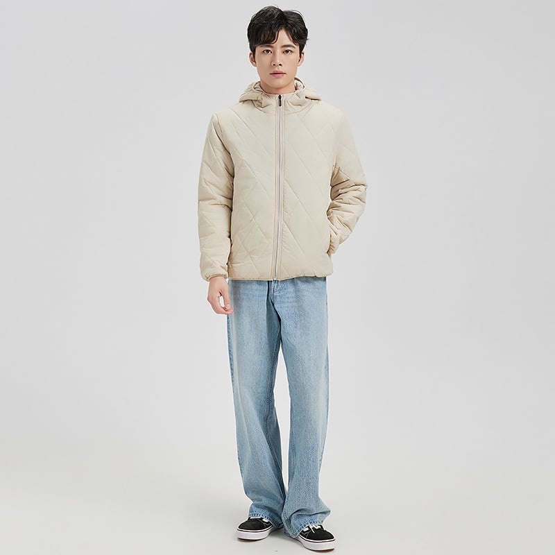 Geacă căptușită din bumbac cu glugă, model diamant, croială scurtă, fermoar, umplutură din bumbac sintetico-mătaseos