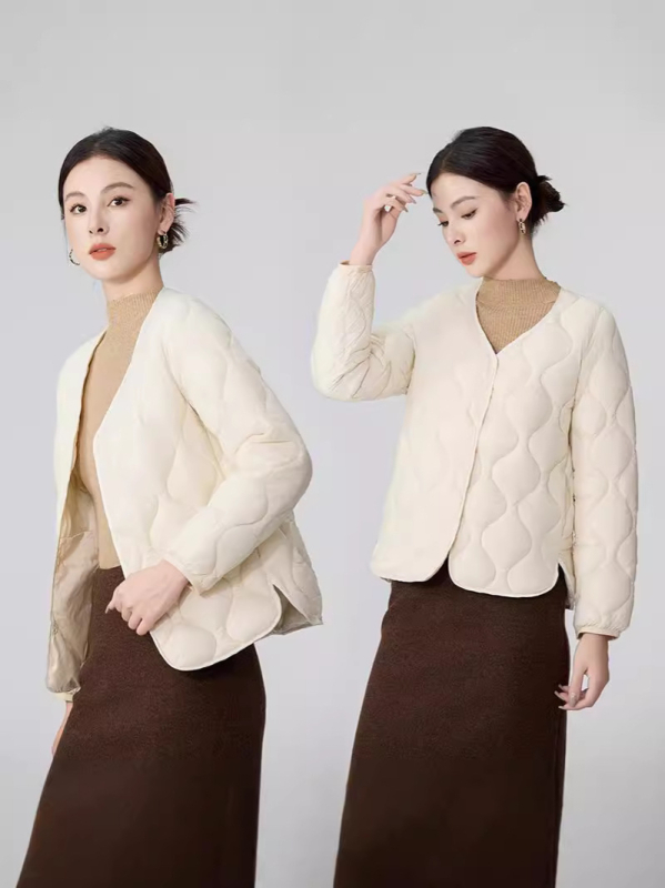 Ženski lagani kaput s punom od pamuka za jesen-zimu, bez ovratnika, slim fit, dugi rukavi, geometrijski uzorak
