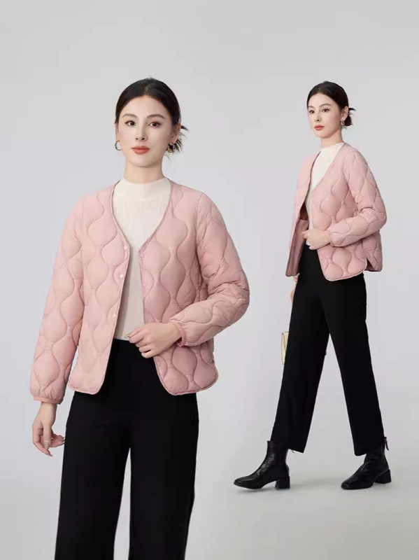 Ženski lagani kaput s punom od pamuka za jesen-zimu, bez ovratnika, slim fit, dugi rukavi, geometrijski uzorak