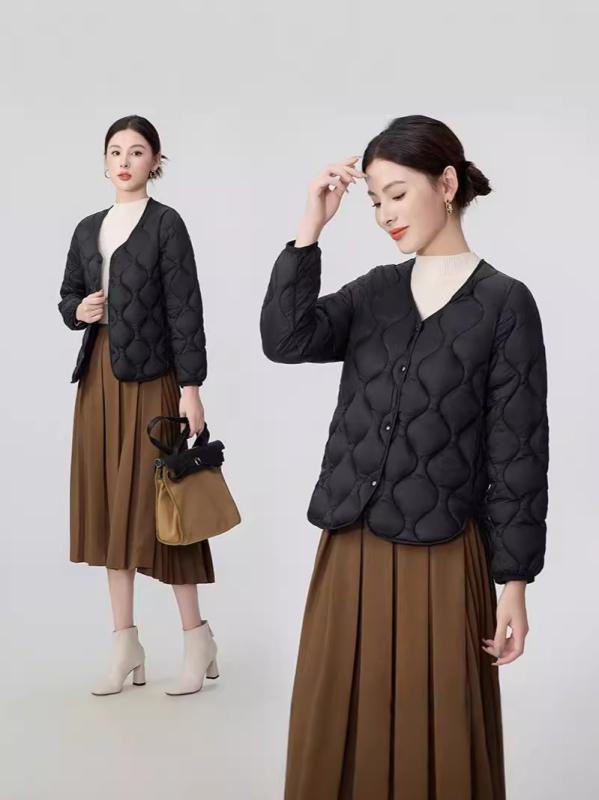 Ženski lagani kaput s punom od pamuka za jesen-zimu, bez ovratnika, slim fit, dugi rukavi, geometrijski uzorak