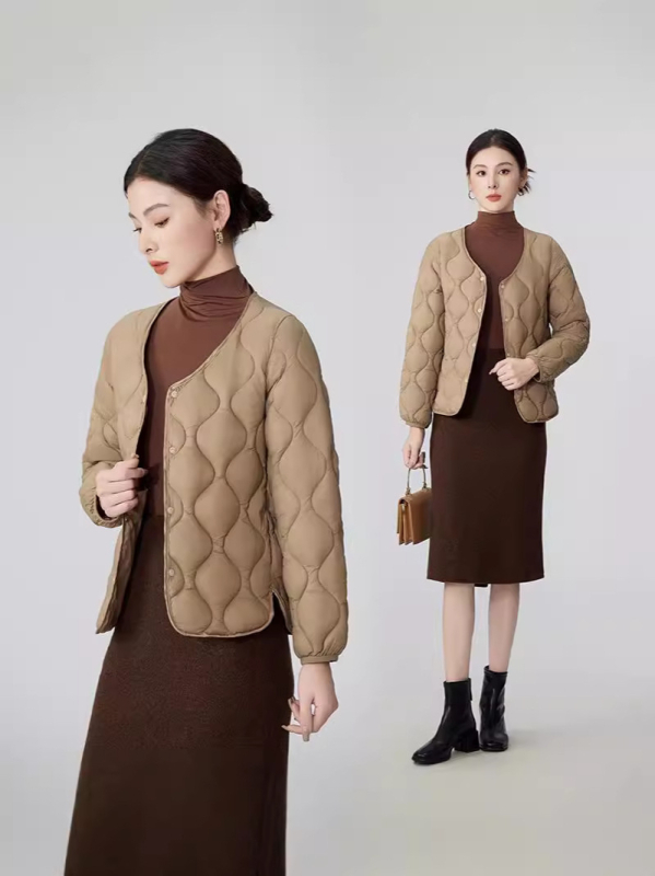 Ženski lagani kaput s punom od pamuka za jesen-zimu, bez ovratnika, slim fit, dugi rukavi, geometrijski uzorak
