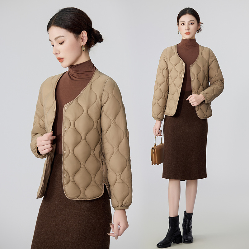 Ženski lagani kaput s punom od pamuka za jesen-zimu, bez ovratnika, slim fit, dugi rukavi, geometrijski uzorak