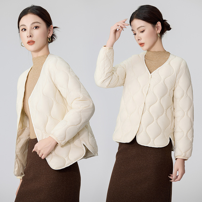 Ženski lagani kaput s punom od pamuka za jesen-zimu, bez ovratnika, slim fit, dugi rukavi, geometrijski uzorak