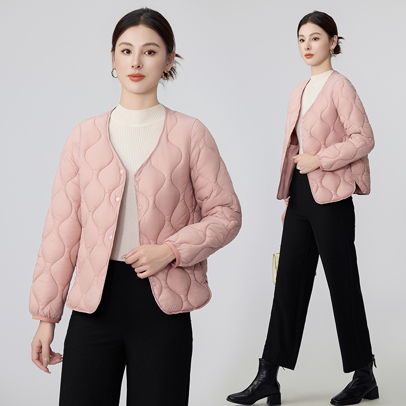 Ženski lagani kaput s punom od pamuka za jesen-zimu, bez ovratnika, slim fit, dugi rukavi, geometrijski uzorak