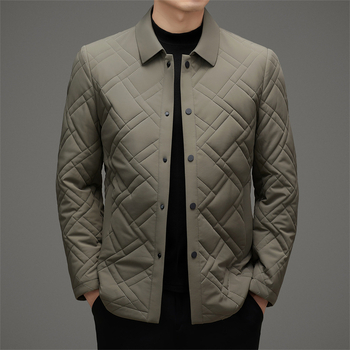 Férfi vékony, tömött pamut kabát, kényelmes kardigán-stílus, egyrészes zárás, gallér, téli viselet (Külső anyag: 100% poliészter; Töltet: poliészter; Belső: acetát)