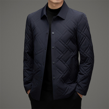 Férfi vékony, tömött pamut kabát, kényelmes kardigán-stílus, egyrészes zárás, gallér, téli viselet (Külső anyag: 100% poliészter; Töltet: poliészter; Belső: acetát)