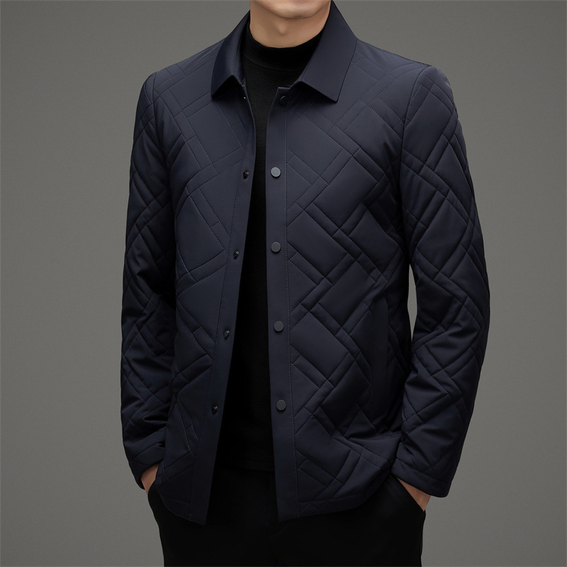 Férfi vékony, tömött pamut kabát, kényelmes kardigán-stílus, egyrészes zárás, gallér, téli viselet (Külső anyag: 100% poliészter; Töltet: poliészter; Belső: acetát)