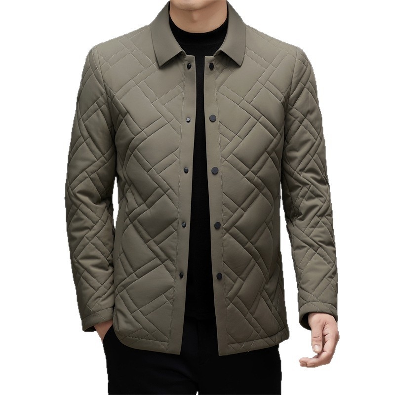 Férfi vékony, tömött pamut kabát, kényelmes kardigán-stílus, egyrészes zárás, gallér, téli viselet (Külső anyag: 100% poliészter; Töltet: poliészter; Belső: acetát)