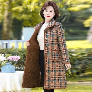 Chenille pamut-töltött kabát fleece béléssel, kockás mintával, polo gallér