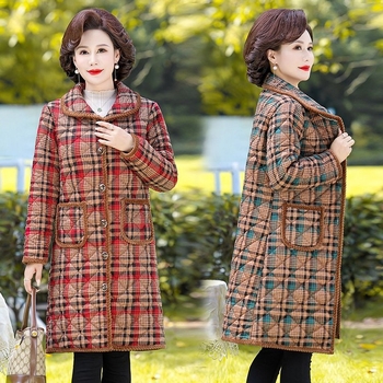 Chenille pamut-töltött kabát fleece béléssel, kockás mintával, polo gallér