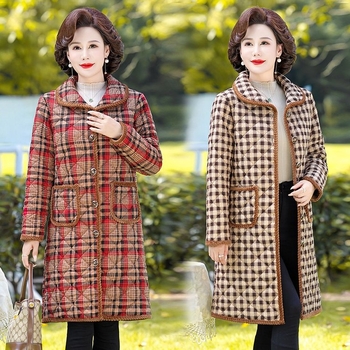 Chenille pamut-töltött kabát fleece béléssel, kockás mintával, polo gallér