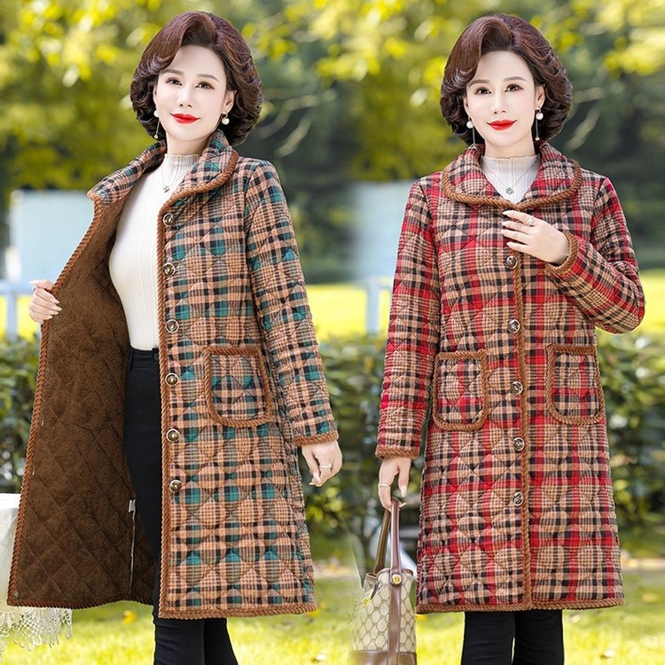 Chenille pamut-töltött kabát fleece béléssel, kockás mintával, polo gallér