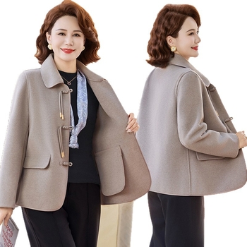 Палто от вълна и кашмир за пролет и есен, Regular кройка, двуредно закопчаване, V-образно деколте, средна дължина, еднотонно, елегантен градски стил