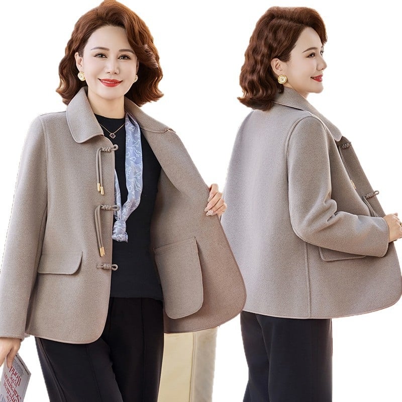 Палто от вълна и кашмир за пролет и есен, Regular кройка, двуредно закопчаване, V-образно деколте, средна дължина, еднотонно, елегантен градски стил