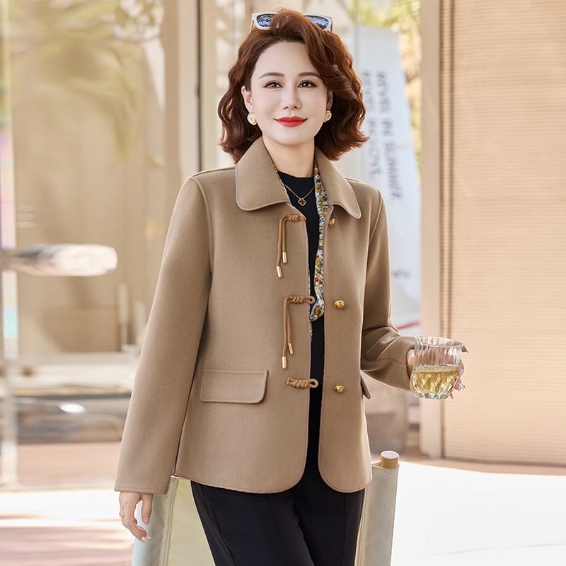 Палто от вълна и кашмир за пролет и есен, Regular кройка, двуредно закопчаване, V-образно деколте, средна дължина, еднотонно, елегантен градски стил