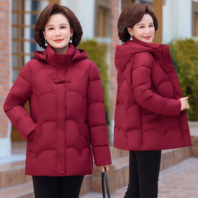 Plus-size ženska jakna s perjem, kapuljača, debela, srednje duljine, punjenje od bijelog patka perja 351–400 g, vanjski materijal Milk Silk, glavni materijal: poliester