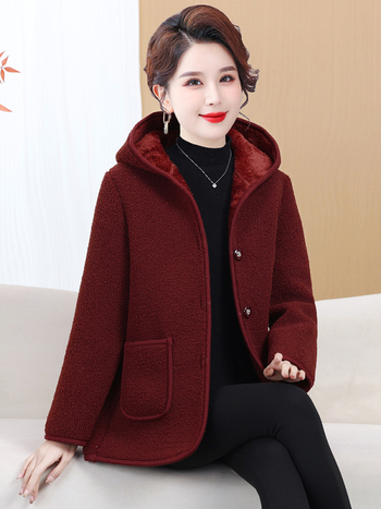 Granulált velúr külső anyag fleece bélés, kapucnival, elegáns ingázó téli kabát, szabályos hossz 50–65 cm, 2025 tél