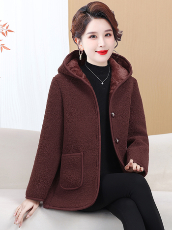 Granulált velúr külső anyag fleece bélés, kapucnival, elegáns ingázó téli kabát, szabályos hossz 50–65 cm, 2025 tél