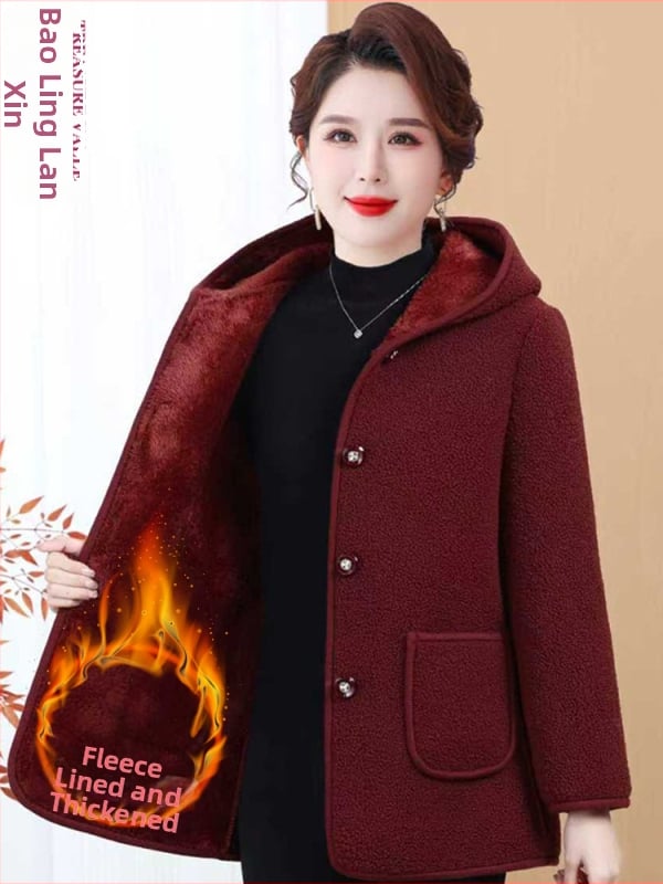Női téli kapucnis kabát fleece-béléssel, vastag tweed gyapjúból, középkorú és idős nők számára