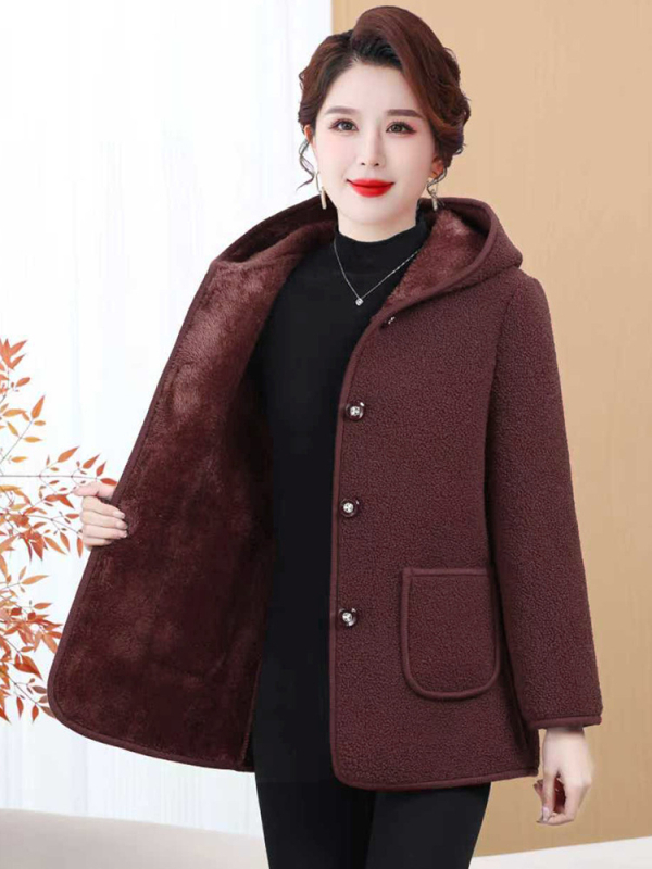 Granulált velúr külső anyag fleece bélés, kapucnival, elegáns ingázó téli kabát, szabályos hossz 50–65 cm, 2025 tél