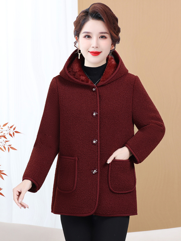 Granulált velúr külső anyag fleece bélés, kapucnival, elegáns ingázó téli kabát, szabályos hossz 50–65 cm, 2025 tél