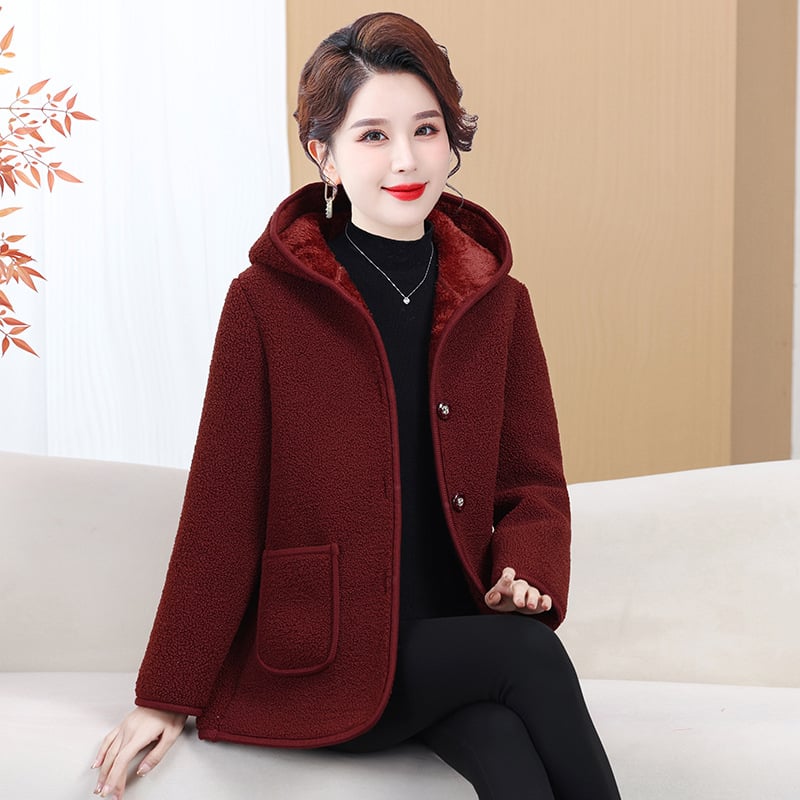 Granulált velúr külső anyag fleece bélés, kapucnival, elegáns ingázó téli kabát, szabályos hossz 50–65 cm, 2025 tél