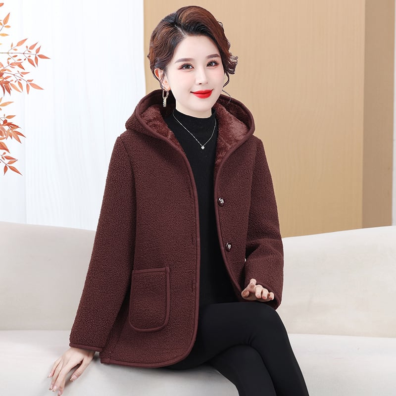 Granulált velúr külső anyag fleece bélés, kapucnival, elegáns ingázó téli kabát, szabályos hossz 50–65 cm, 2025 tél