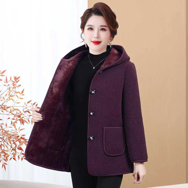 Granulált velúr külső anyag fleece bélés, kapucnival, elegáns ingázó téli kabát, szabályos hossz 50–65 cm, 2025 tél