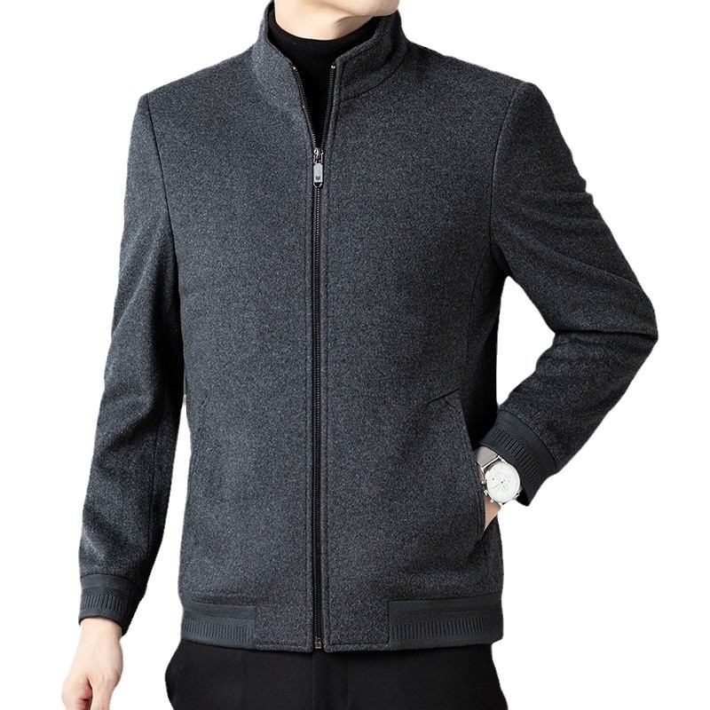 Férfi 100%-os gyapjúkabát álló gallérral, cipzáras zárás, vastag anyag