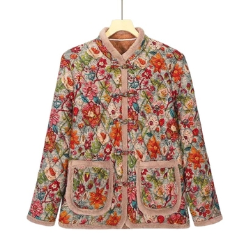 Női téli kabát vastag poliészter-pamut töltelékkel, virágos leopard mintázat, álló gallér műszőrme részzel, snap gombos zárás