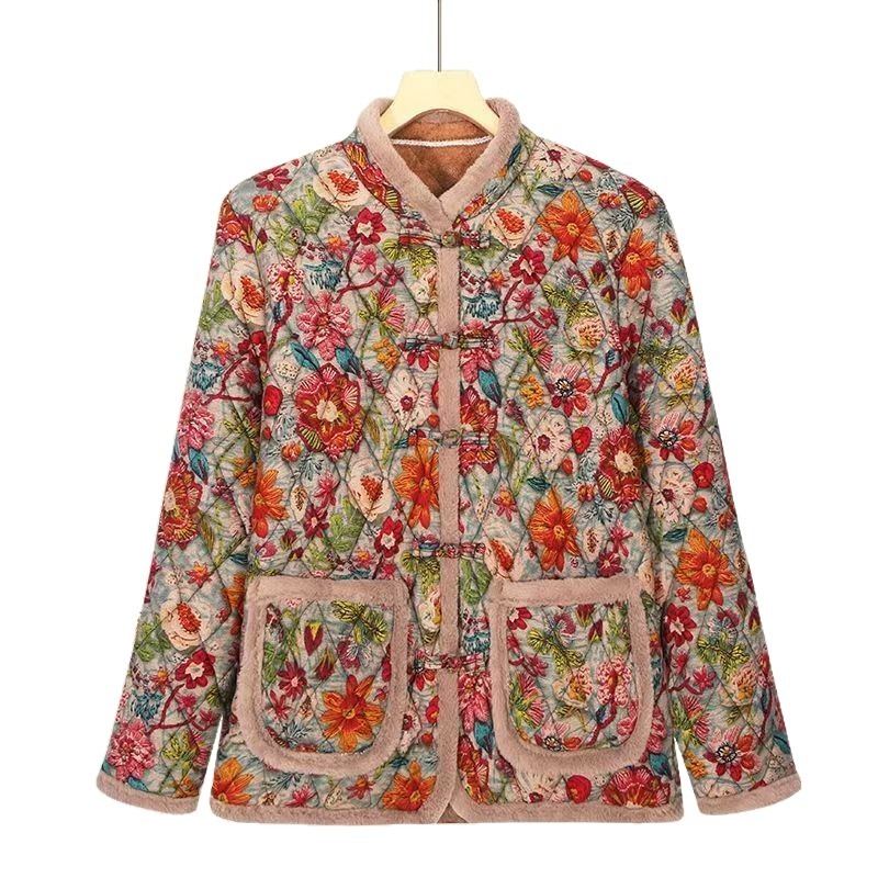 Női téli kabát vastag poliészter-pamut töltelékkel, virágos leopard mintázat, álló gallér műszőrme részzel, snap gombos zárás