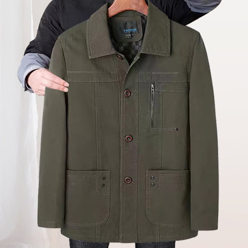 Muška bavlena jakna za proljeće i jesen, poslovno-casual stil, s reverom, gumbima, srednja duljina, tri džepa.