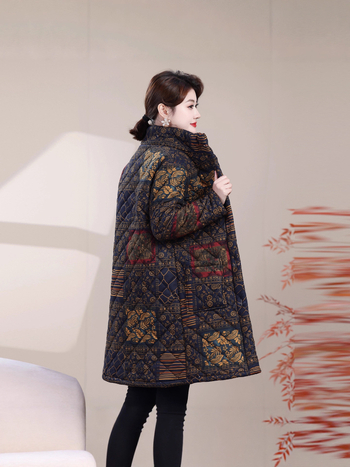 Női pamut töltött kabát fleece béléssel, hosszú fazon, hosszú ujjak, polo gallér