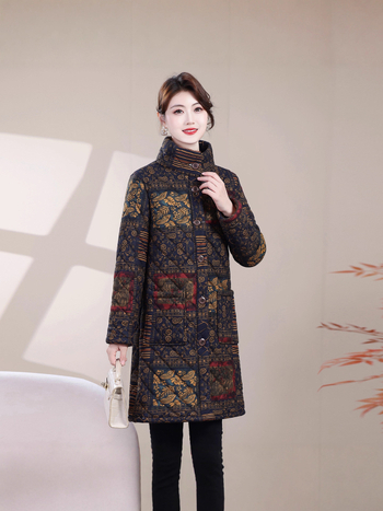 Női pamut töltött kabát fleece béléssel, hosszú fazon, hosszú ujjak, polo gallér