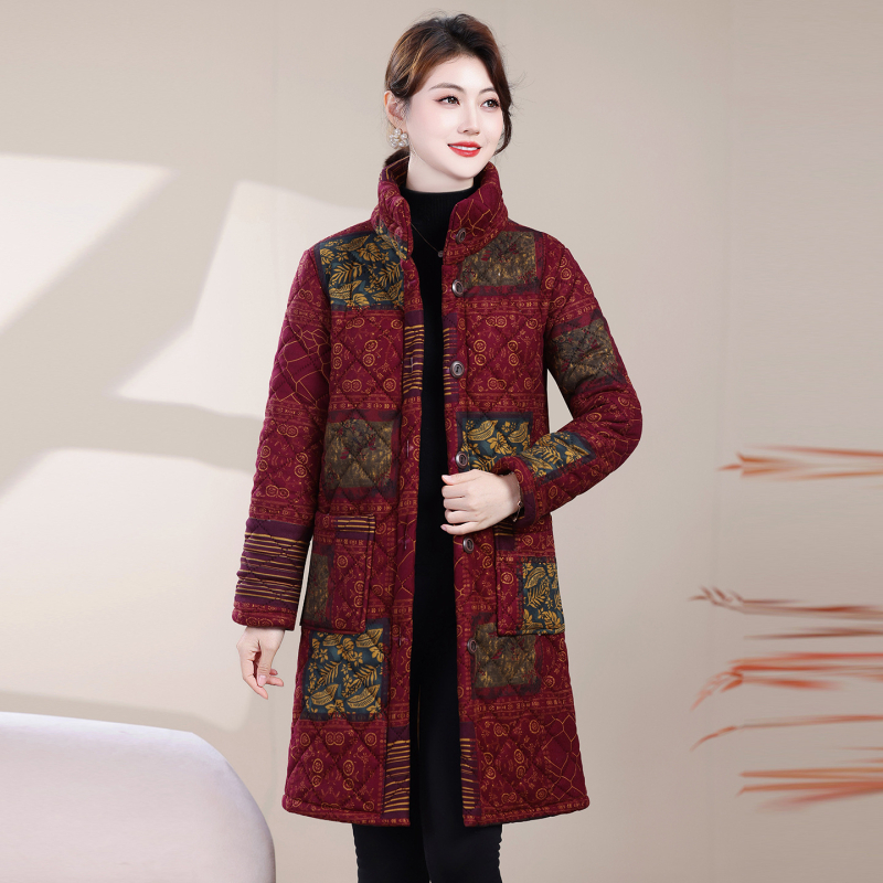 Női pamut töltött kabát fleece béléssel, hosszú fazon, hosszú ujjak, polo gallér