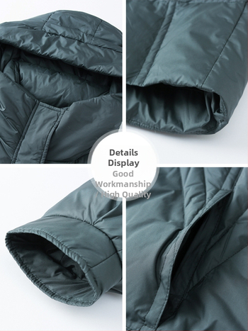 Jachetă de damă din puf, croială lejeră, lungime medie, cu glugă și fermoar, umplutură din puf de rață alb, cașmir 86–90%, material poliester.