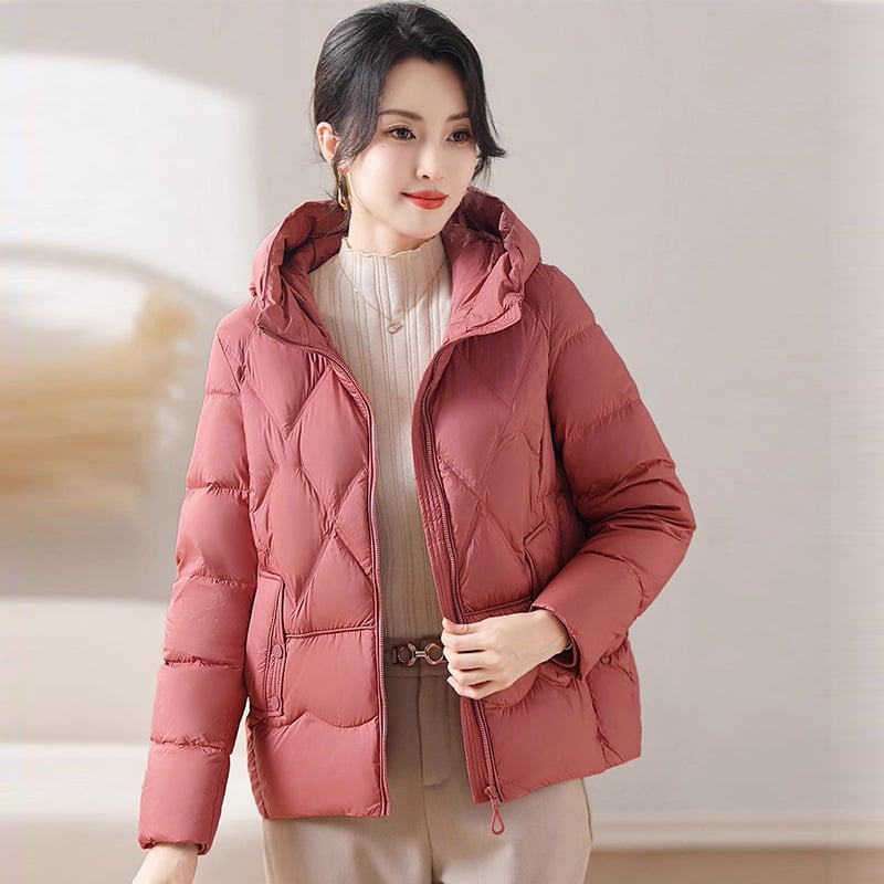 Női pehelydzseki lazított szabásban, vastag téli kabát, fehér kacsa pehely 86–90% tartalom, töltet 101–200 g, poliészter anyag