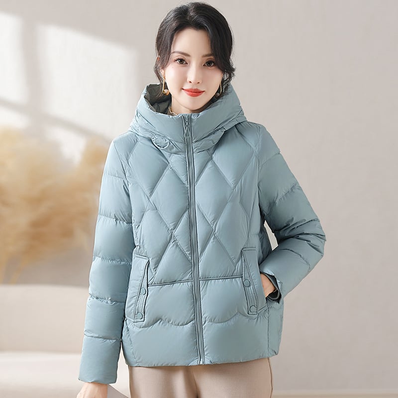 Női pehelydzseki lazított szabásban, vastag téli kabát, fehér kacsa pehely 86–90% tartalom, töltet 101–200 g, poliészter anyag
