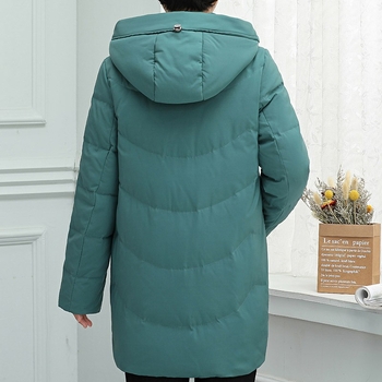 Középhosszú pehelykabát, vastag, kapucnival, fehér kacsa tollal töltve