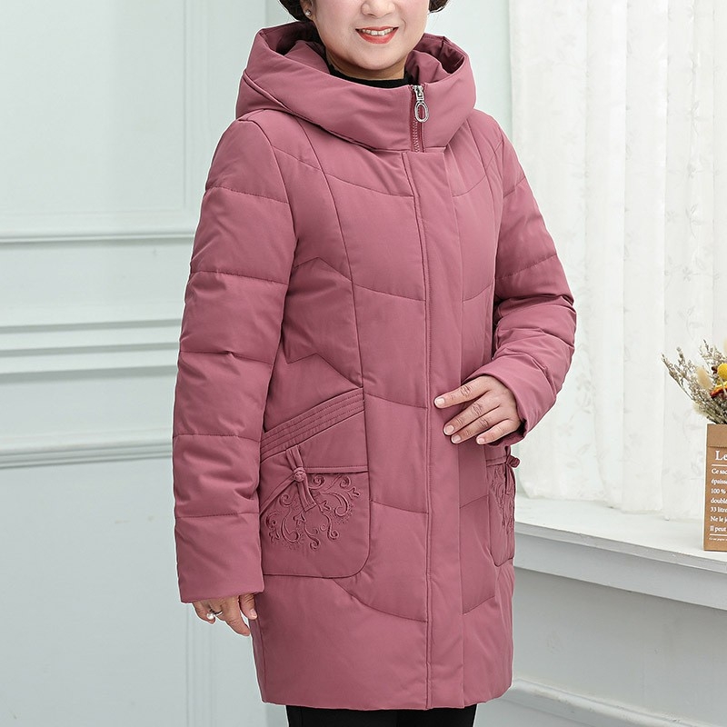 Középhosszú pehelykabát, vastag, kapucnival, fehér kacsa tollal töltve